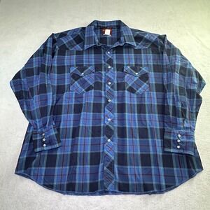 Vintage Rustler Long Tail Mens Plaid Shirt 2X Pearl Snaps Western L/S Blue Black